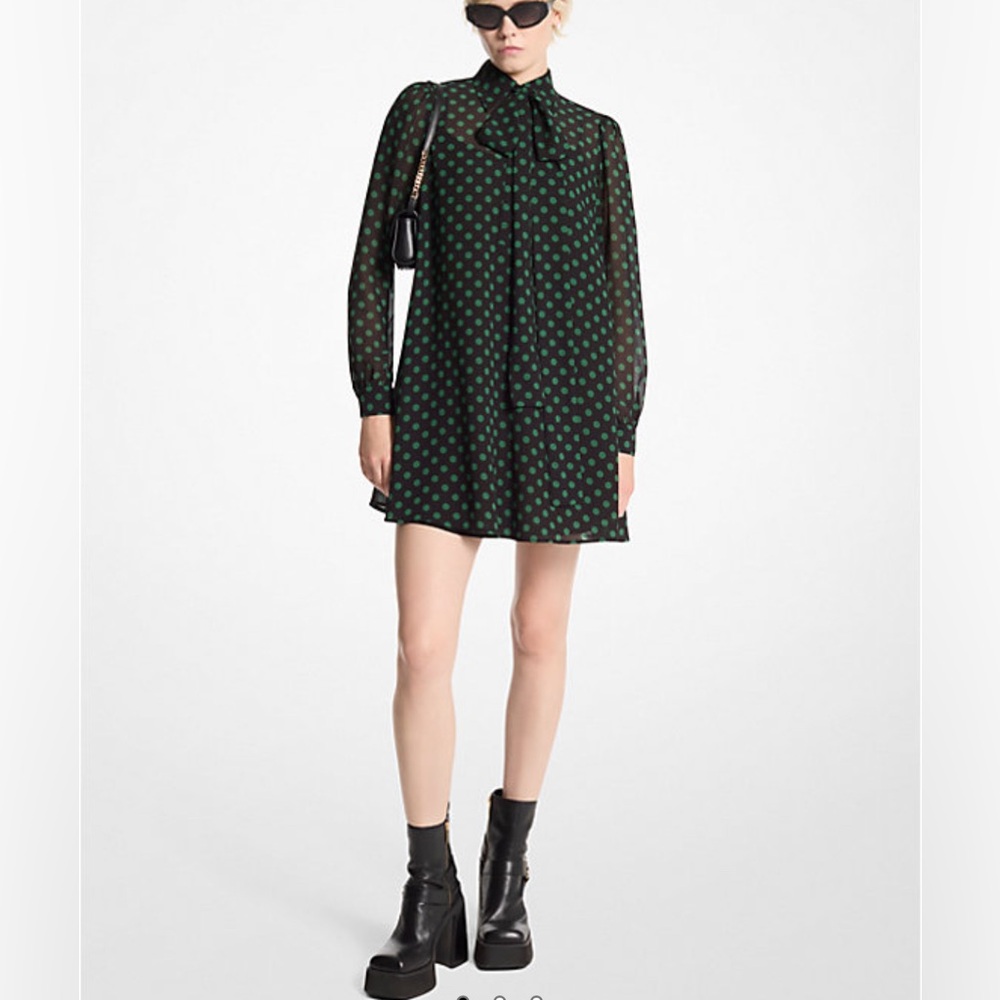Michael Kors Polka Dot Georgette Tie-Neck Dress - Moss